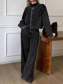 Livesso Autumn Black Collared Button Pocket Decor Short Denim Jacket With Wide Leg Denim Jeans Set - Black - View 1
