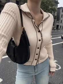 Livesso Women's Autumn Casual French French Elegant Colorblock Trim Cardigan Work Brunch Black And White - Apricot - View 1
