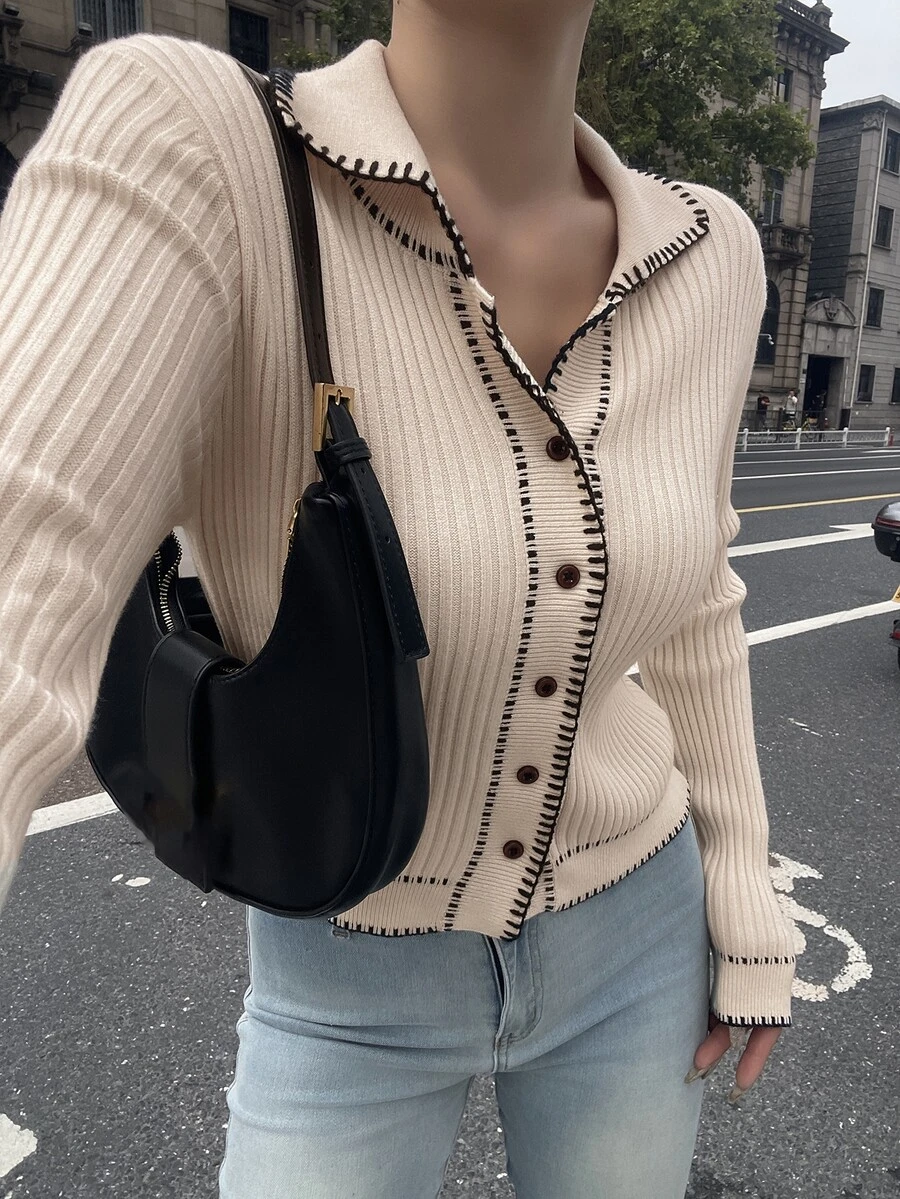 Livesso Women's Autumn Casual French French Elegant Colorblock Trim Cardigan Work Brunch Black And White - Apricot - View 1