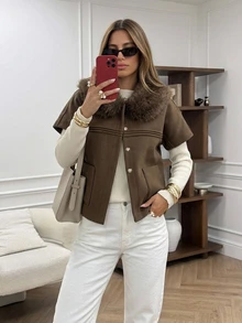 Livesso Women's Plush Patchwork Fashion Elegant Casual Versatile Overcoat Daytime Everyday Travel Going Out Coffee Date Night Brown Fall - Coffee Brown - View 6