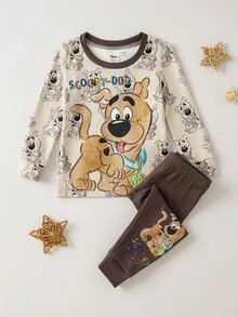 SCOOBY-DOO X SHEIN Baby Boy Long Sleeve Top And Pants Loungewear Set Snug Fit - Apricot - View 2