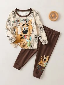 SCOOBY-DOO X SHEIN Baby Boy Long Sleeve Top And Pants Loungewear Set Snug Fit - Apricot - View 1