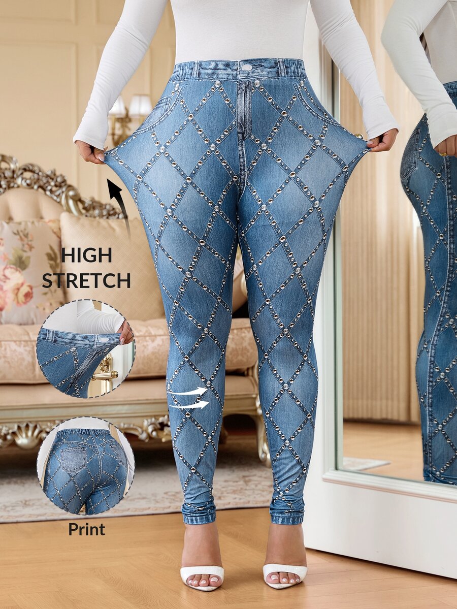 SHEIN Clasi 大尺碼女款牛仔效果印花修身休閒內搭褲 - 彩色 - 查看 1