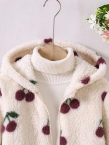 SHEIN 女孩貼布繡拉鍊口袋抓絨內裡連帽長袖白色外套，適合上學、日常穿著，秋冬款，標準版型，泰迪絨，舒適 - 白色 - 查看 6