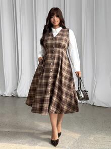 GalTyme Plus Size Women's Plaid Pleated Casual Party Dress - Multicolor - View 1