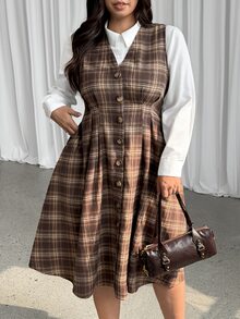 GalTyme Plus Size Women's Plaid Pleated Casual Party Dress - Multicolor - View 3