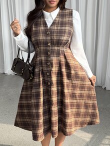 GalTyme Plus Size Women's Plaid Pleated Casual Party Dress - Multicolor - View 4