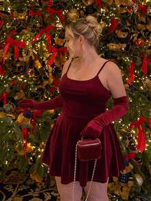 GalTyme Plus Size Spaghetti Strap Backless Solid Color Ruched Jumpsuit Christmas - Burgundy - View 2