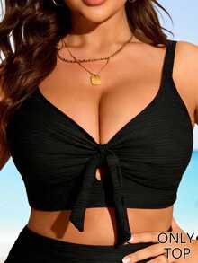 SHEIN Swim Basics Plus Size Women's Summer Beach Vacation Party Solid Color Front Knot Bikini Top Black Sexy Tropical - Black - View 7