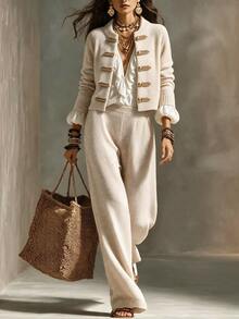 SHEIN Women New Chinese Style Frog Button Knit 2 Pieces Outfit, Long Sleeve Cardigan And Wide Leg Pants Kni - Apricot - View 4