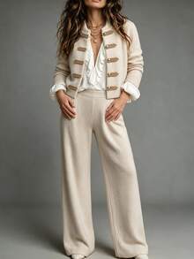 SHEIN Women New Chinese Style Frog Button Knit 2 Pieces Outfit, Long Sleeve Cardigan And Wide Leg Pants Kni - Apricot - View 1