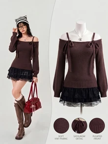Elamini Women's Autumn/Winter Lazy Fashion Vintage Daily Bowknot Strap Off-Shoulder Pullover Sweater - Brown - View 1