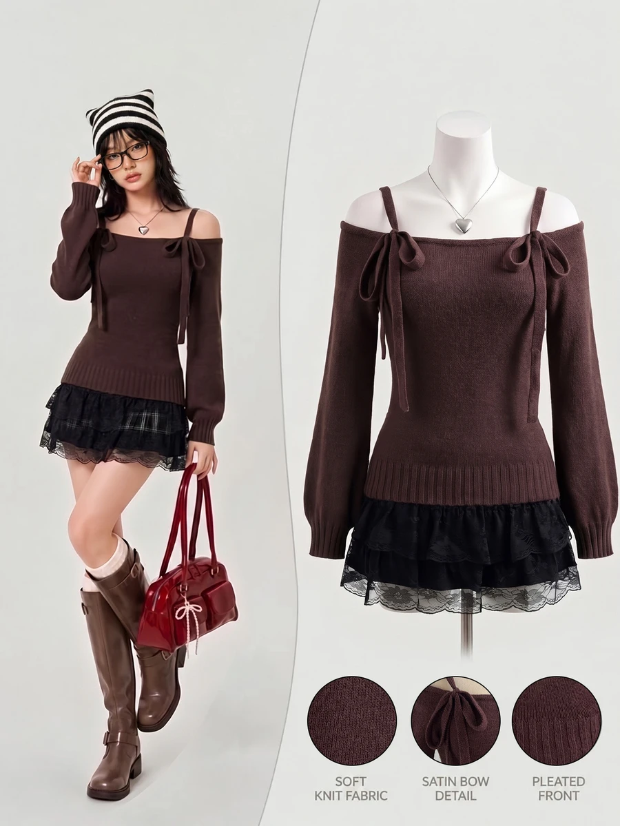 Elamini Women's Autumn/Winter Lazy Fashion Vintage Daily Bowknot Strap Off-Shoulder Pullover Sweater - Brown - View 1