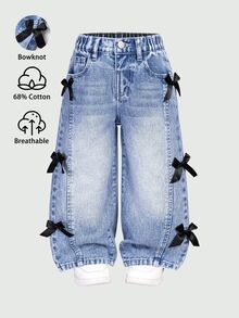 Elladie kids 少女淺藍色開學寬腿牛仔褲，3D蝴蝶結破洞復古牛仔女郎寬鬆牛仔長褲，Y2K風格愛心刺繡柔軟秋季款 - 藍色 - 查看 4