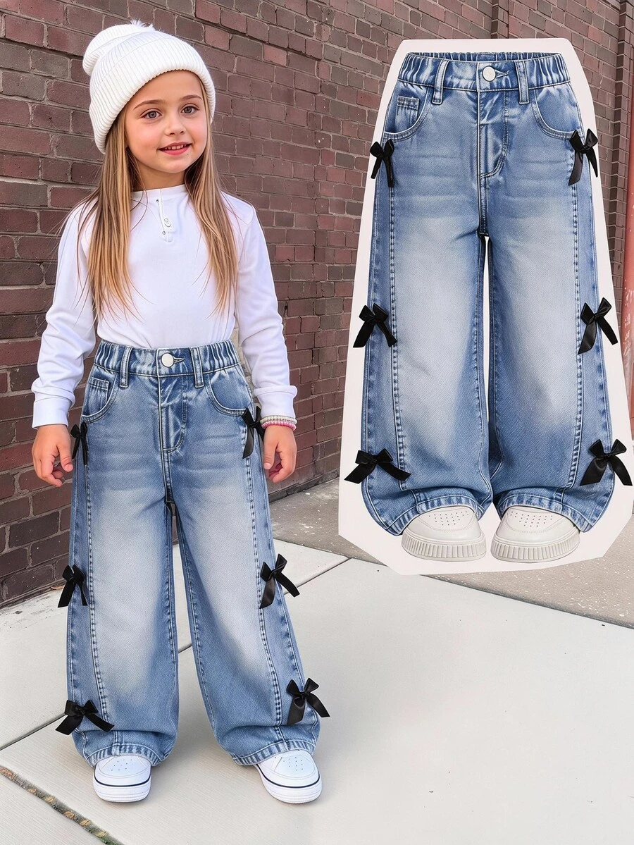 Elladie kids 少女淺藍色開學寬腿牛仔褲，3D蝴蝶結破洞復古牛仔女郎寬鬆牛仔長褲，Y2K風格愛心刺繡柔軟秋季款