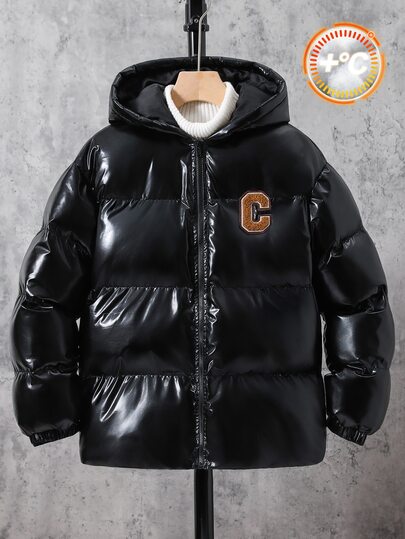 SHEIN Kids Tween Boy Casual Versatile Comfortable Loose Practical Solid Color Zip-Up Hooded Shiny Black Fleece Lined Thickened Jacket Suitable For Autumn/Winter Down Coat, Padded Coat, Padded Coat, Parka Coat