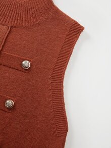 SHEIN Dam Napoleon-stil ärmlös stickad väst med polokrage, dubbelknäppning med metallknappar och ribbad fåll - Orange - Visa 4