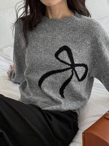 DAZY Women's Bow Pattern Casual Daily Wear Long Sleeve Sweater Winter - Dark Grey - View 2