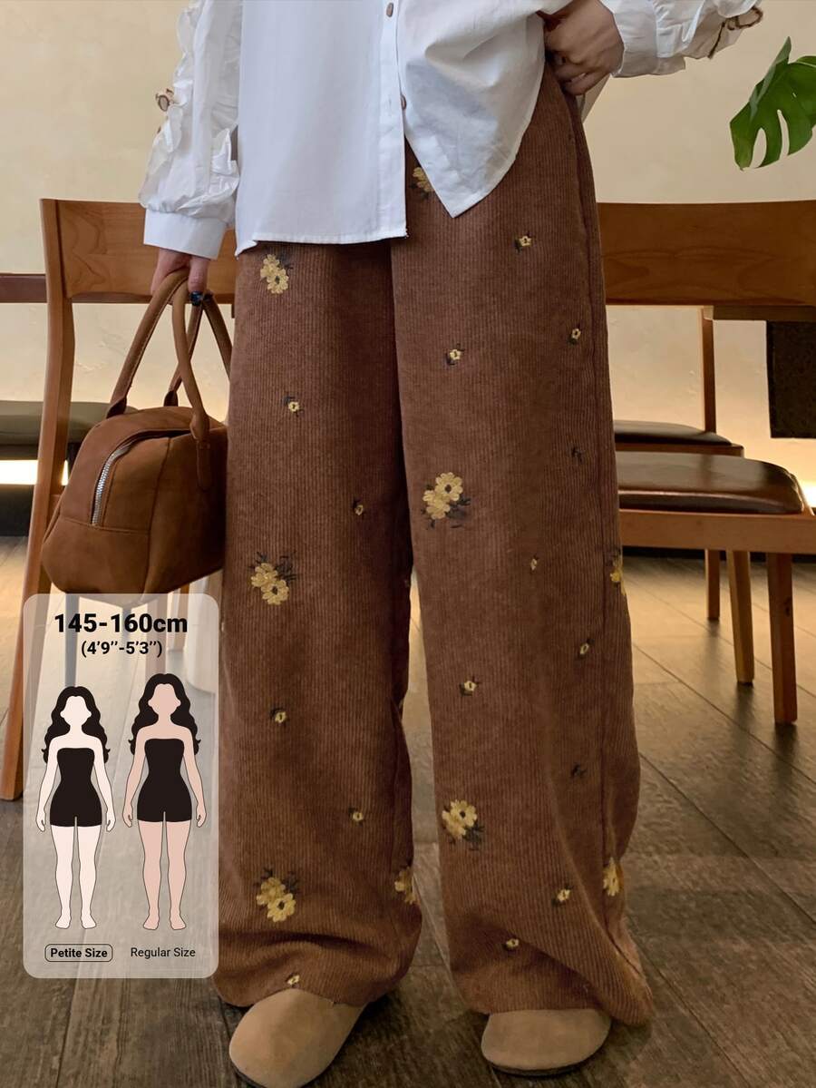 DAZY 女款花卉刺繡口袋寬腿寬鬆休閒復古長褲，棕色花卉秋季款，適合感恩節、野餐、早午餐 - 棕色 - 查看 1