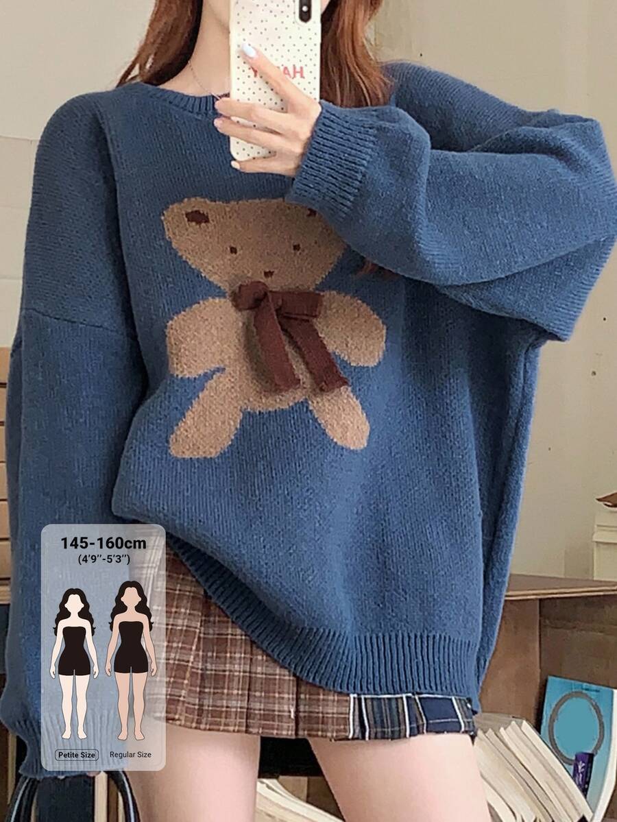 DAZY 女款可愛蝴蝶結裝飾長袖毛衣 冬季 - 藍色 - 查看 1