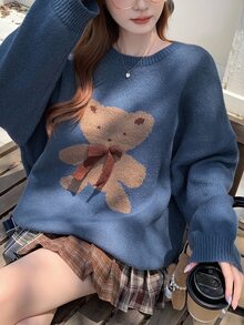 DAZY 女款可愛蝴蝶結裝飾長袖毛衣 冬季 - 藍色 - 查看 6