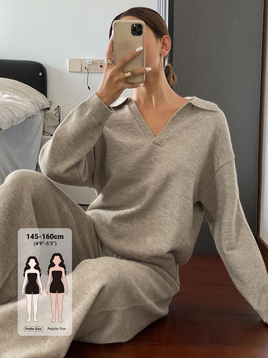 Livesso Petite Women's Solid Color Drop Shoulder Long Sleeve Sweater And Knit Pants Casual 2 Pieces Set Winter - Khaki - View 1