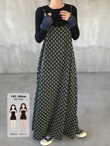 DAZY 女款全印花休閒百搭日常穿著長肩帶洋裝 秋季 - 黑色 - 查看 1