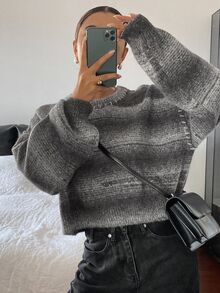 Livesso Petite Women's Striped Crew Neck Drop Shoulder Long Sleeve Casual Sweater Winter - Grey - View 4