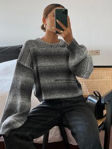 Livesso Petite Women's Striped Crew Neck Drop Shoulder Long Sleeve Casual Sweater Winter - Grey - View 6