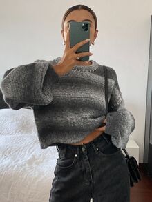 Livesso Petite Women's Striped Crew Neck Drop Shoulder Long Sleeve Casual Sweater Winter - Grey - View 7