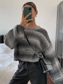 Livesso Petite Women's Striped Crew Neck Drop Shoulder Long Sleeve Casual Sweater Winter - Grey - View 3