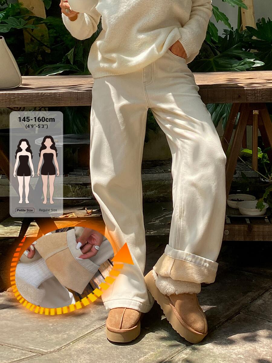 Livesso Petite 女款口袋保暖內裡直筒寬鬆休閒牛仔褲 冬季 - 白色 - 查看 1