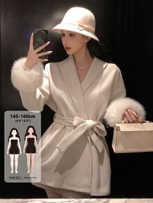 DAZY 女款純色拼接毛皮袖口腰部打結優雅大衣 冬季 - 白色 - 查看 1