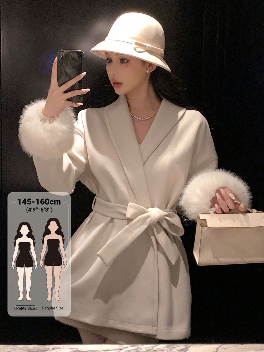 DAZY 女款純色拼接毛皮袖口腰部打結優雅大衣 冬季 - 白色 - 查看 1