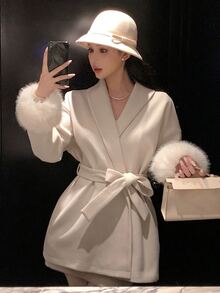DAZY 女款純色拼接毛皮袖口腰部打結優雅大衣 冬季 - 白色 - 查看 8