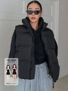 DAZY 女款秋季舒適拉鍊口袋加厚背心外套，日常旅行黑色休閒街頭風 - 黑色 - 查看 1