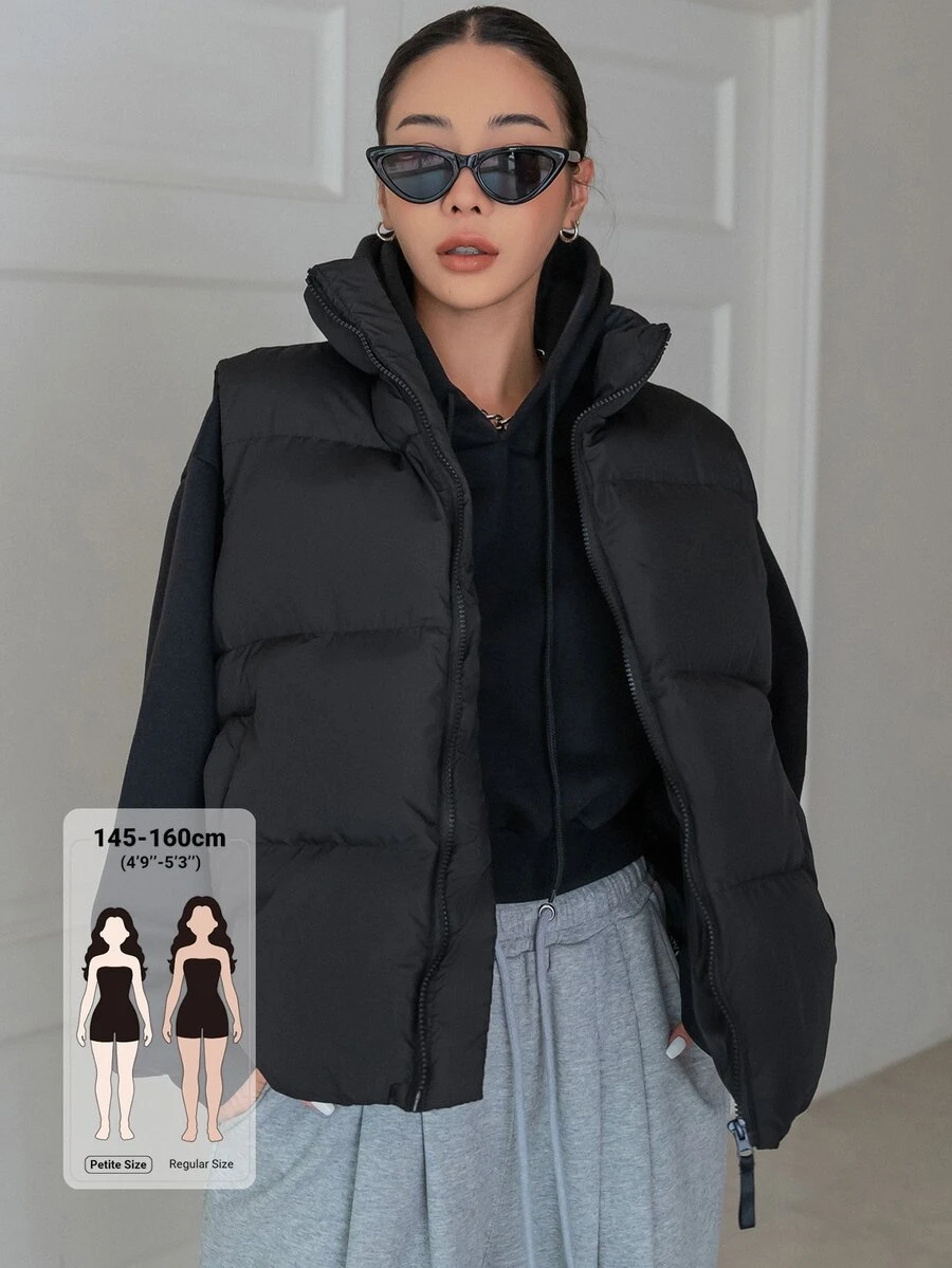 DAZY 女款秋季舒適拉鍊口袋加厚背心外套,日常旅行黑色休閒街頭風 - 黑色 - 查看 1