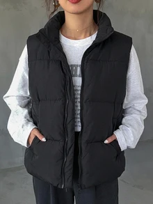 DAZY 女款秋季舒適拉鍊口袋加厚背心外套，日常旅行黑色休閒街頭風 - 黑色 - 查看 8