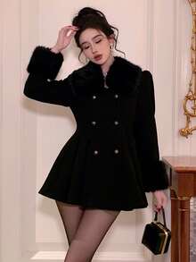 DAZY Women's Plush Patchwork Fashion Versatile Daily Casual Overcoat Winter - Black - View 5