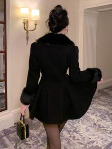 DAZY Women's Plush Patchwork Fashion Versatile Daily Casual Overcoat Winter - Black - View 2