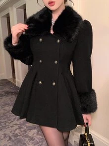 DAZY Women's Plush Patchwork Fashion Versatile Daily Casual Overcoat Winter - Black - View 8