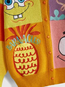 SpongeBob SquarePants | ROMWE Women's Cartoon Pattern Long Sleeve Single-Breasted Casual Knit Cardigan - Yellow - View 4