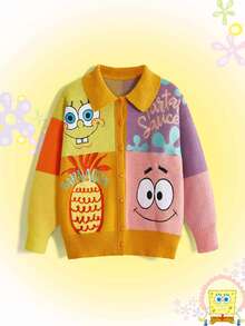 SpongeBob SquarePants | ROMWE Women's Cartoon Pattern Long Sleeve Single-Breasted Casual Knit Cardigan - Yellow - View 1
