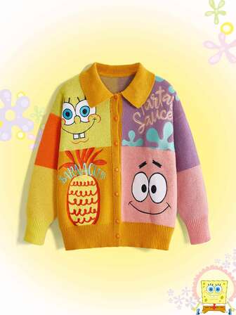 SpongeBob SquarePants | ROMWE Damen-Strickjacke mit Cartoon-Muster, langärmelig, einreihig, lässig