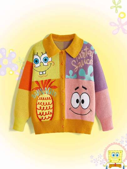 SpongeBob SquarePants | ROMWE Women's Cartoon Pattern Long Sleeve Single-Breasted Casual Knit Cardigan