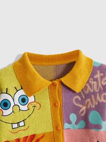 SpongeBob SquarePants | ROMWE Women's Cartoon Pattern Long Sleeve Single-Breasted Casual Knit Cardigan - Yellow - View 3
