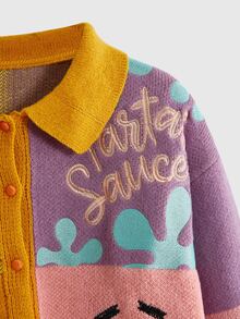 SpongeBob SquarePants | ROMWE Women's Cartoon Pattern Long Sleeve Single-Breasted Casual Knit Cardigan - Yellow - View 5
