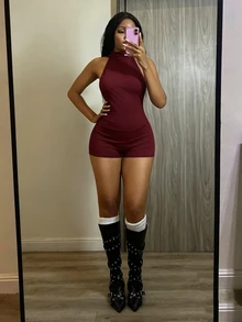 Fiercella Fiercella 街頭風夏季女款無袖露背短版連身褲 - 酒紅色 - 查看 7