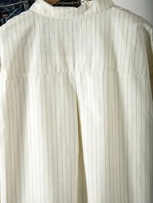 SHEIN Tweengirls Striped Button Down Shirt Jacket Embroidery Long Sleeve Fall Tops Casual Blouse Autumn Winter Outfits Cotton Outerwear - White - View 7