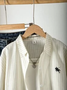 SHEIN Tweengirls Striped Button Down Shirt Jacket Embroidery Long Sleeve Fall Tops Casual Blouse Autumn Winter Outfits Cotton Outerwear - White - View 6